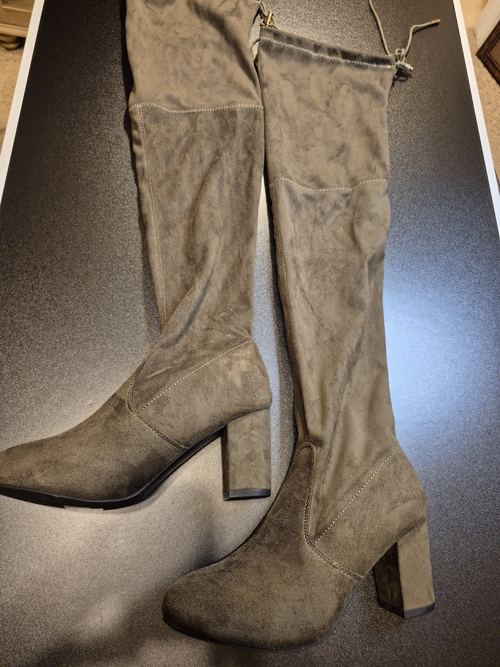 Ollio Olive Green Suede Style Over-the-Knee Block Heel Boots C1 - Jjohn